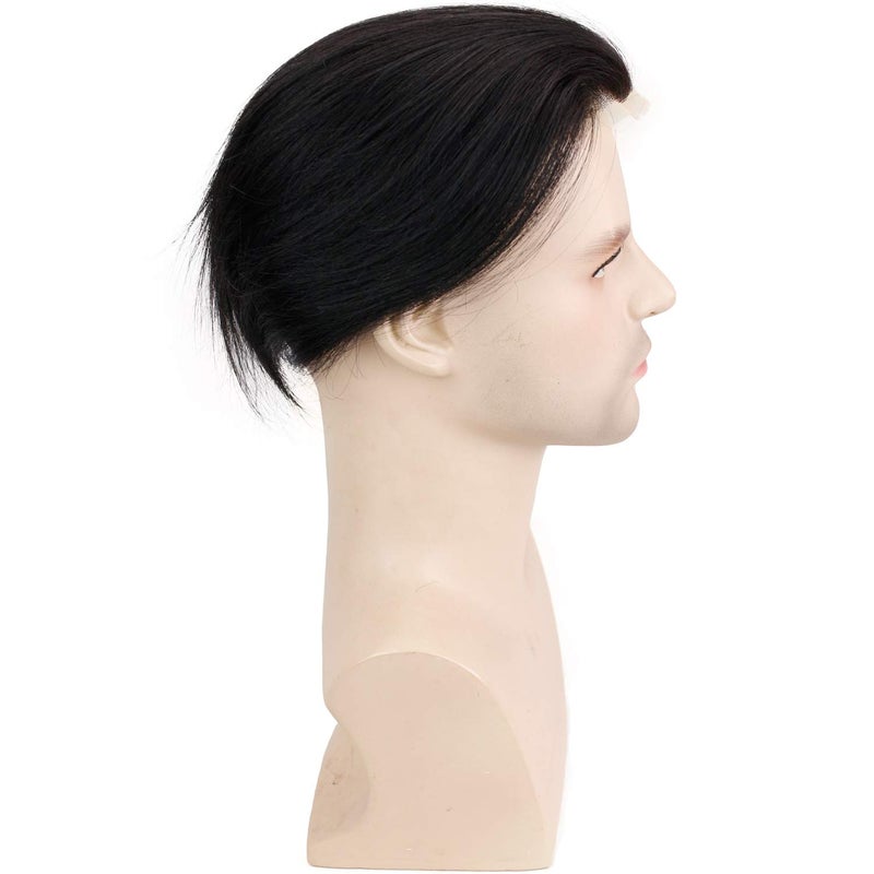Voloria Men's Toupee 8inch Hairpieces 100% European Virgin Human Hair Replacement System Hair Topper Pieces for Men Swiss Lace Net with PU Base Size 4.33x6.69 inch 1B Black Color - Image 3
